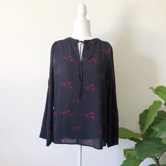 Loft Tie Neck Cold Shoulder Floral Top Size Medium - Picture 2 of 8